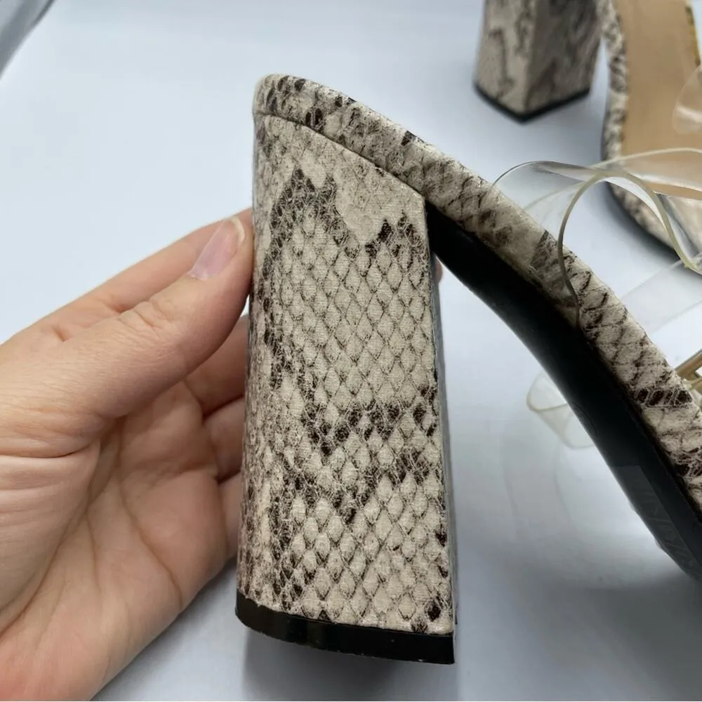 Pretty Little Thing Grey Faux Snake Print Chunky Heels Clear Straps Womens 7.5 - Image 2
