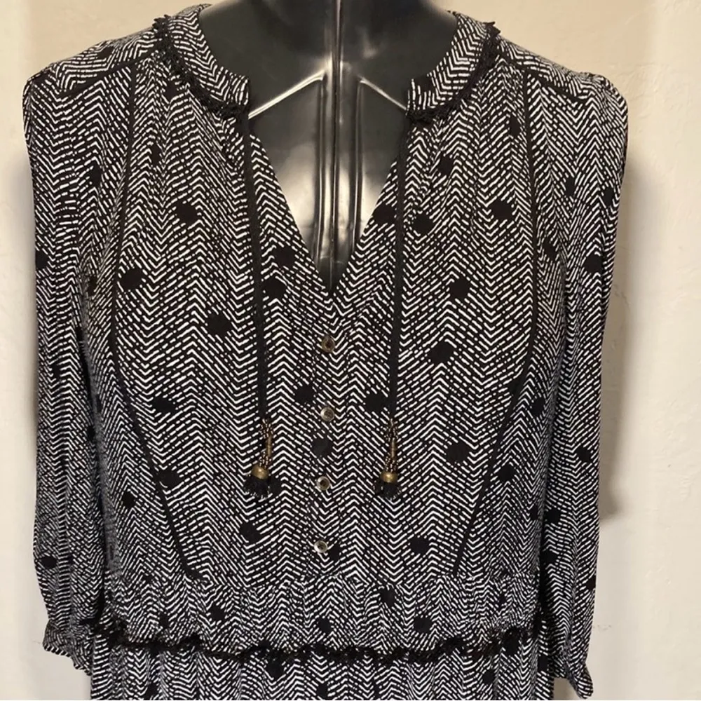 Anthropologie MAEVE Herringbone Dot Print GALEN DRESS Black Chevron Tie-Neck - Image 6