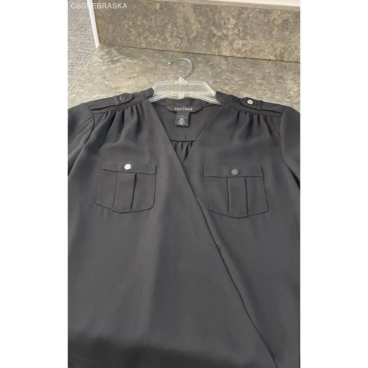 White House/Black Market‎ Black Surplice Top Roll Tab Sleeve Blouse - Size 2 - Image 8