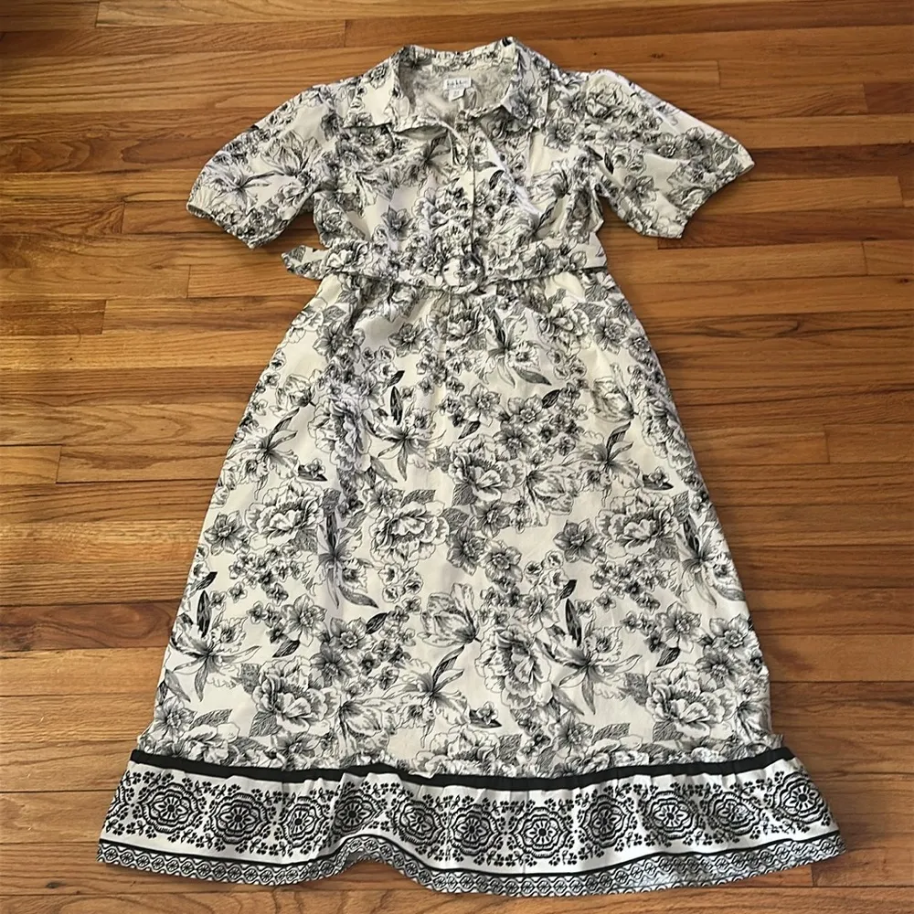 Nicole Miller Floral Puff Sleeve Belted Midi Dress Sz 12 - Image 5