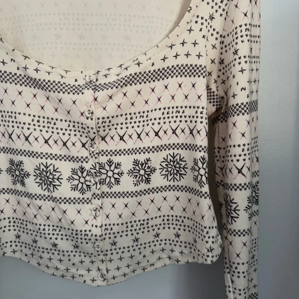 Skims 3X Fair Isle Cream Pointelle Henley Pajama Top Snowflakes Winter Holiday - Image 6