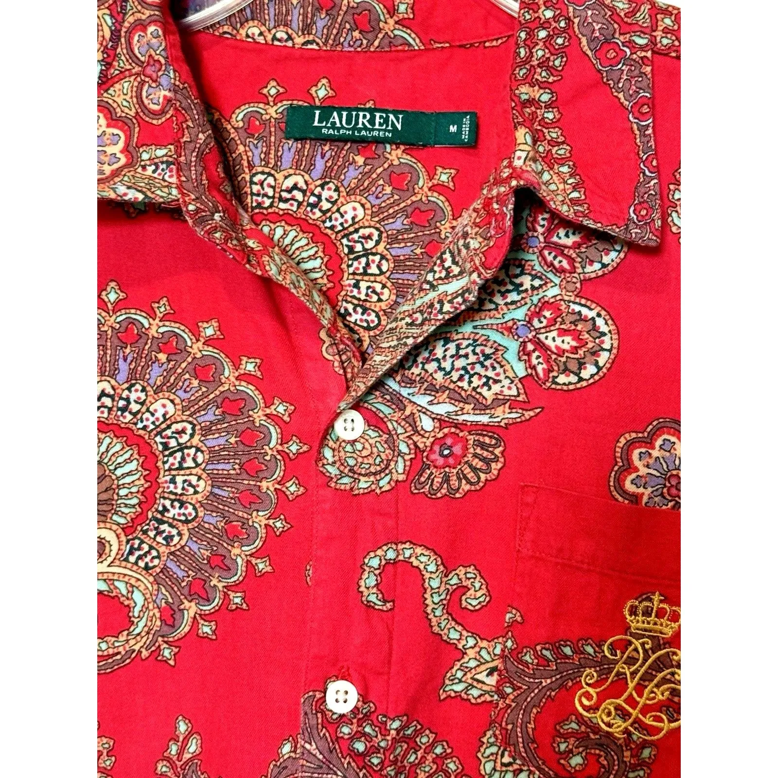 Lauren Ralph Lauren M Cozy Red Paisley Sleepshirt Long Sleeve Embroidered Size M - Image 4