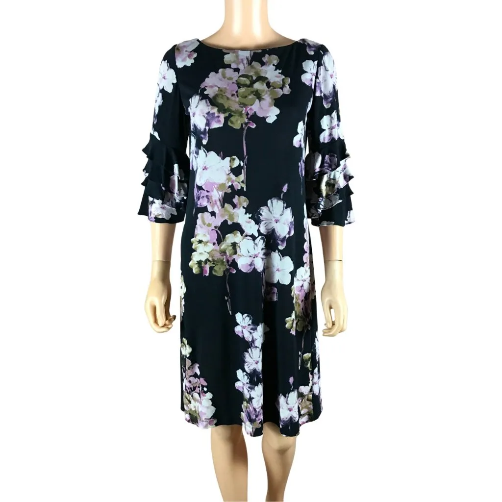 Gabby Skye Black Floral 3/4 Ruffle sleeve knee-length A-line dress 4 - Image 3