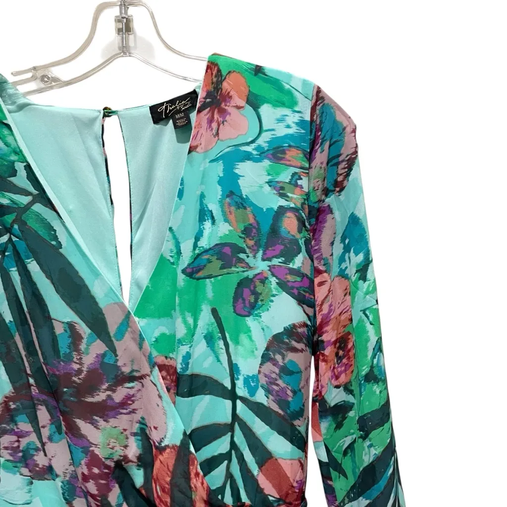 Thalia Sodi Tropical Floral Sheer Sleeve Belted Romper Aqua Bliss Womens Medium - Image 5