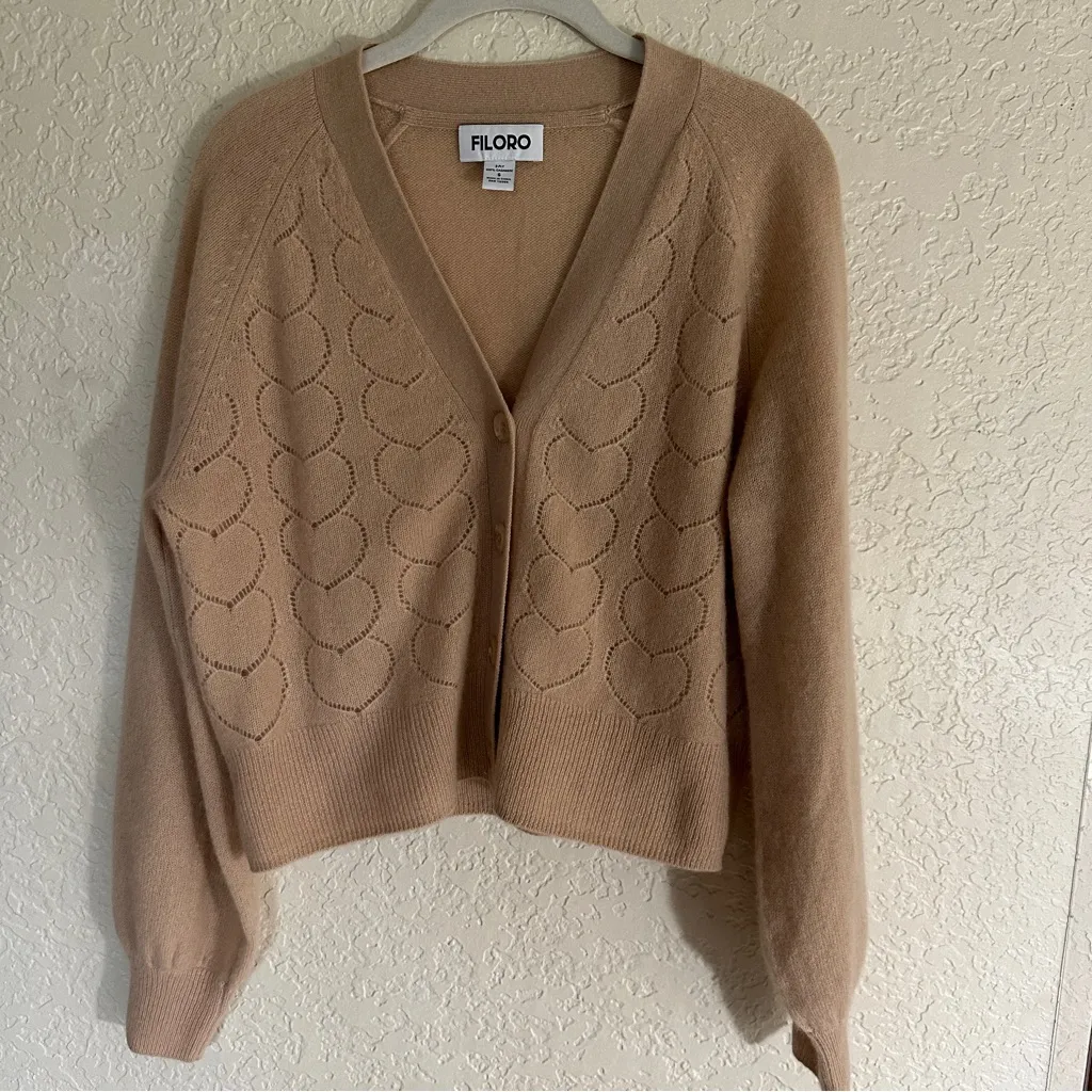 Filoro Pointelle Heart 2 Ply 100%‎ Cashmere Cardigan Honey Size Small Swe… Tan - Image 4