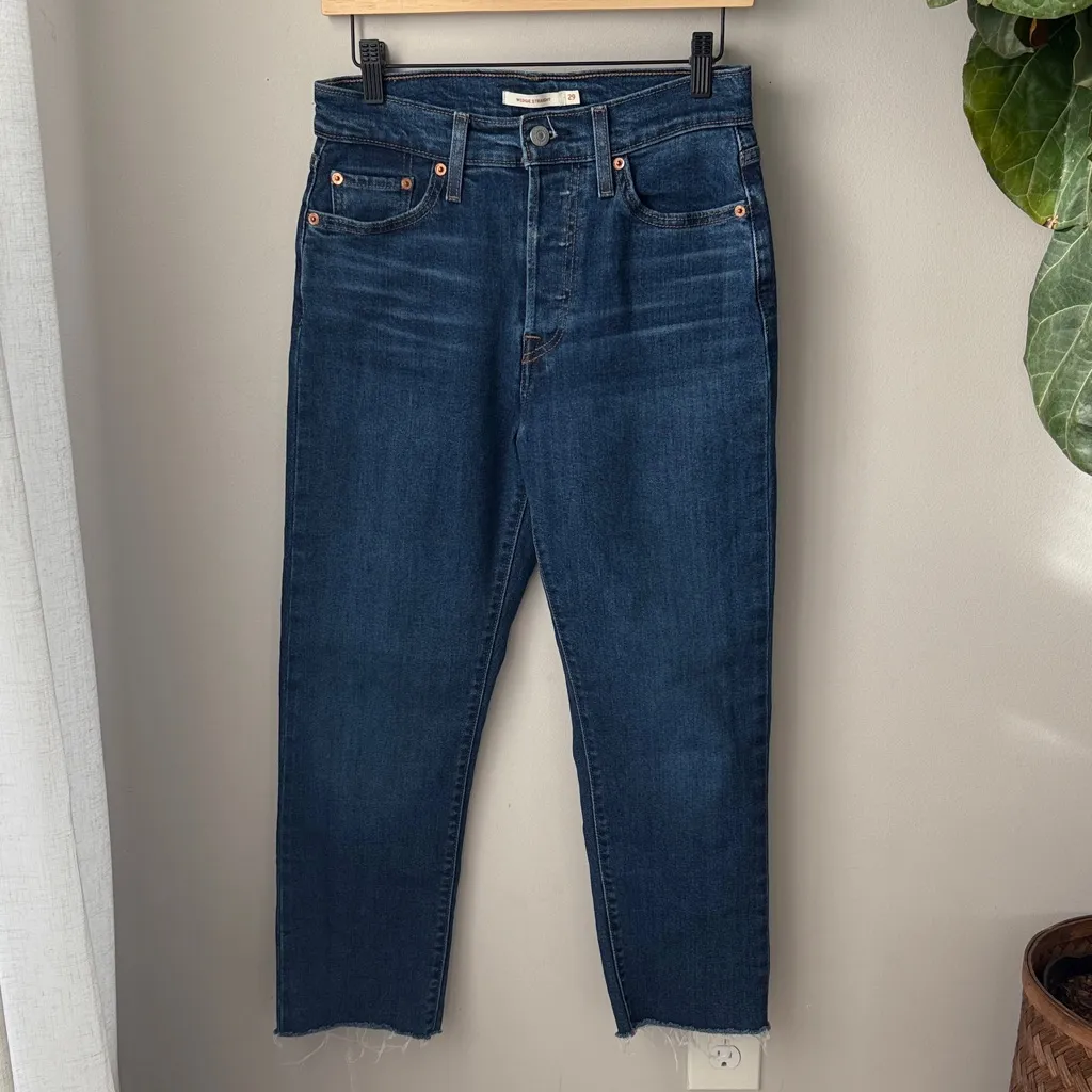 Levi’s Wedgie Straight Raw Hem Ankle Dark Wash Denim Jeans - Image 3