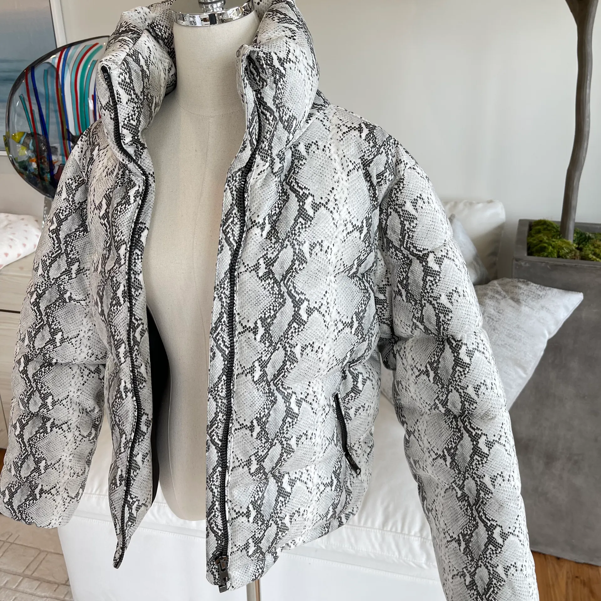 Dolls Kill Glamorous Faux Snakeskin Puffer Jacket in Grey White - Image 3