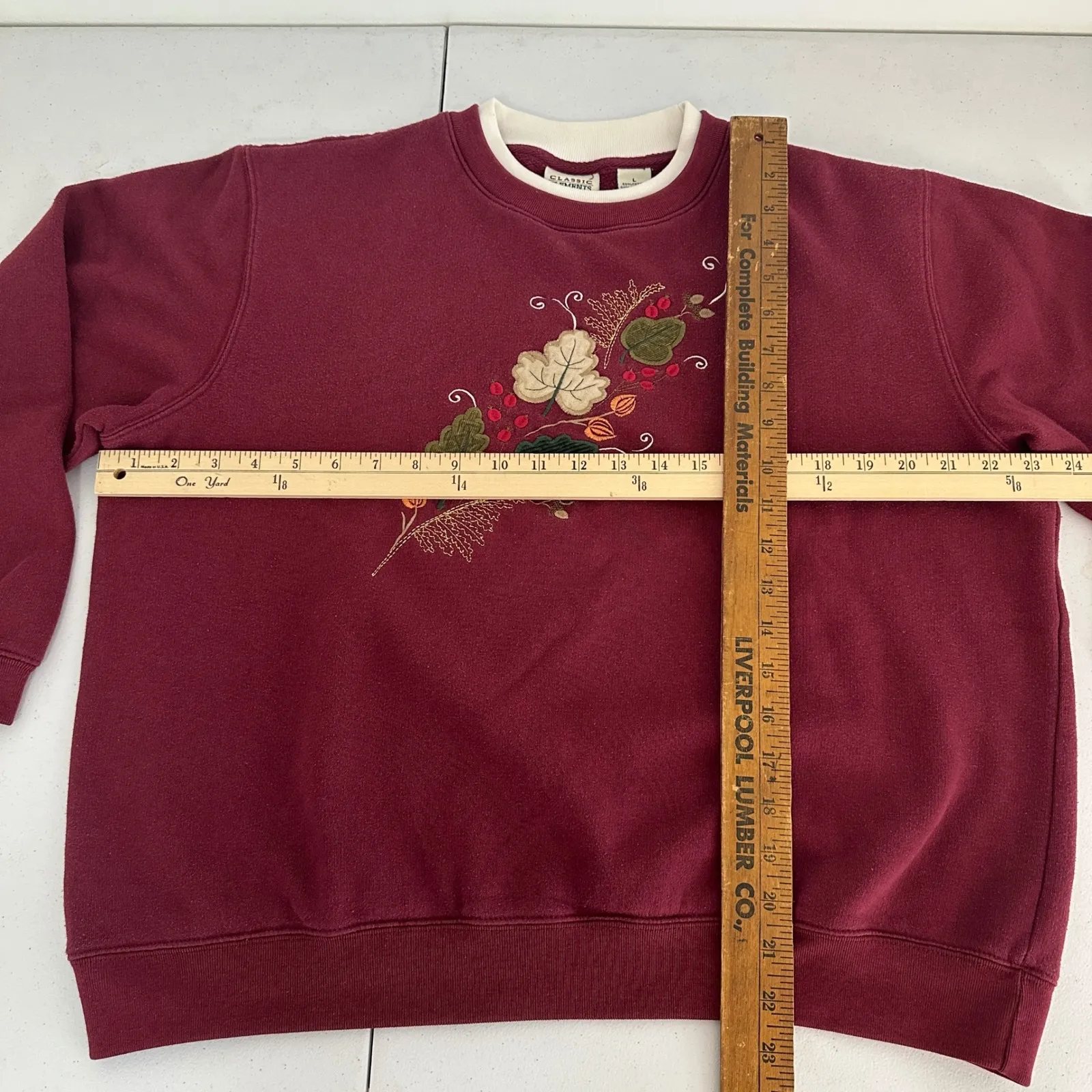 Vintage 90s Classic Elements Embroidered Leaves Sweatshirt Burgundy Womens Large - Image 7