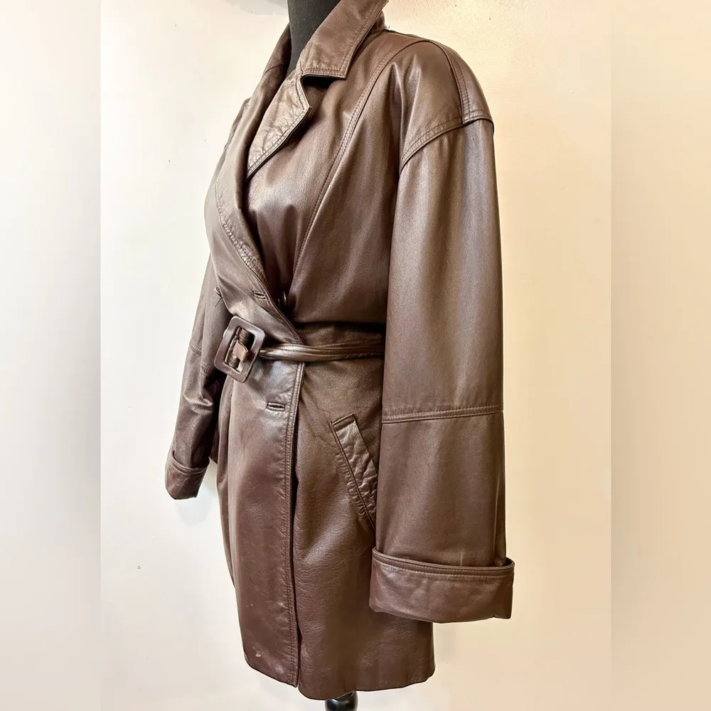 Vintage Spiegel Together Genuine Leather Short Trench Coat Brown Size Medium - Image 4
