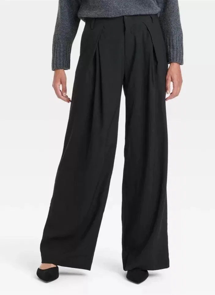 Women's High-Rise Wide Leg Pleated Front Trousers - A New Day Black Sz 14R - Image 2