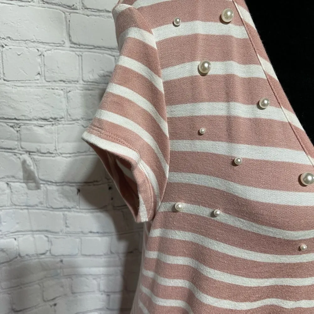 Striped Stretch Dress Blush and White Striped W/Pearl Accent - Image 9