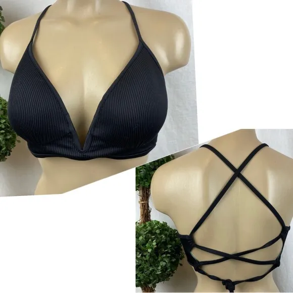 Shade & Shore Black Ribbed Underwire Strappy Bikini Swim Top 34B - Image 2
