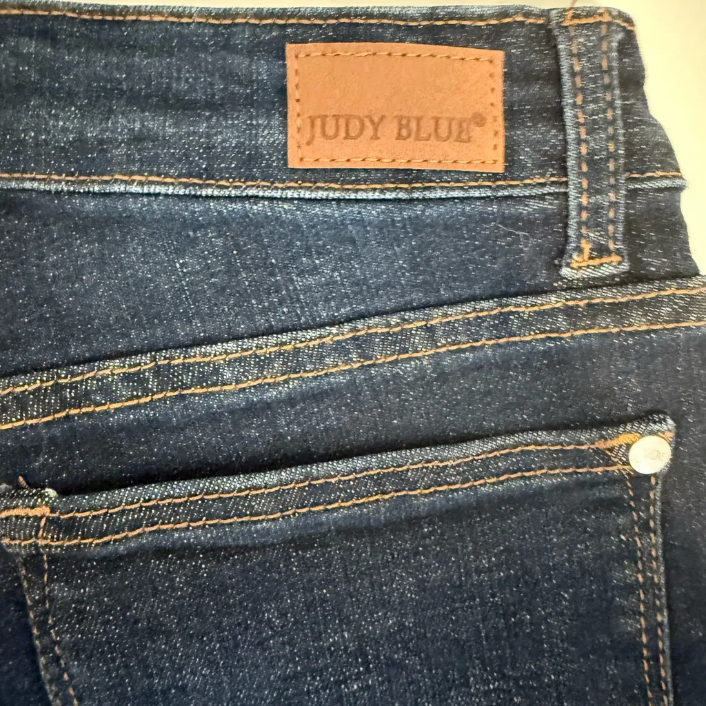 JUDY BLUE Denim Dark Blue Patch Destroyed Bermuda Jean Shorts High Rise Small - Image 8