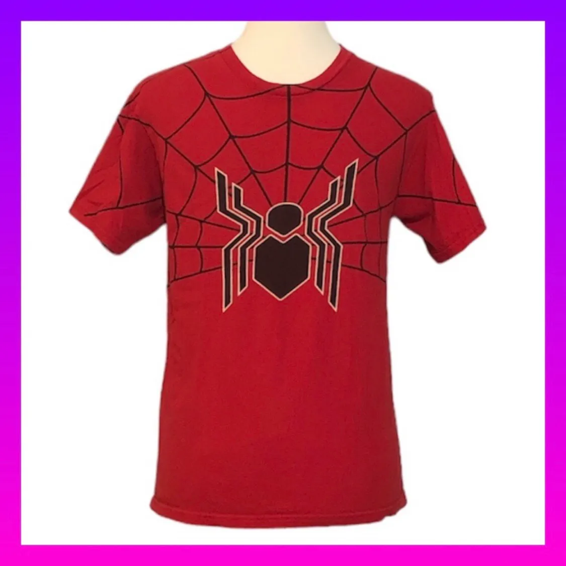 Spider-Man Marvel Red Short Sleeve T-Shirt with Spider and Web Print •Size Small - Image 5