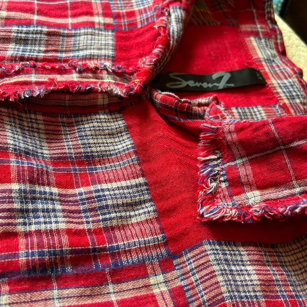 Seven7 Red Patchwork Plaid Shirt – Frayed Boho Western Vibes (Sz M) - Image 4