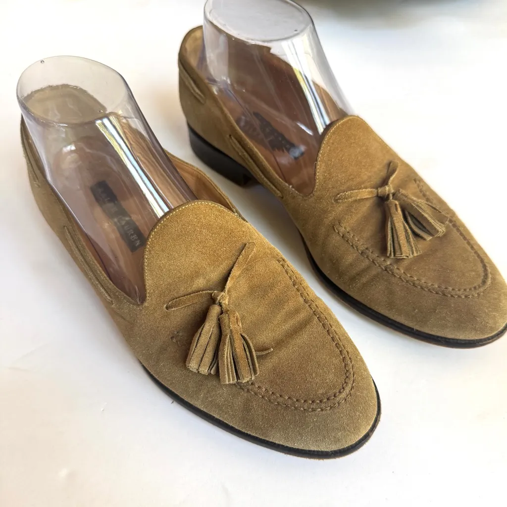 Ralph Lauren Women’s Beige Tan Suede Tassel slips on loafers Sz 8.5 - Image 2