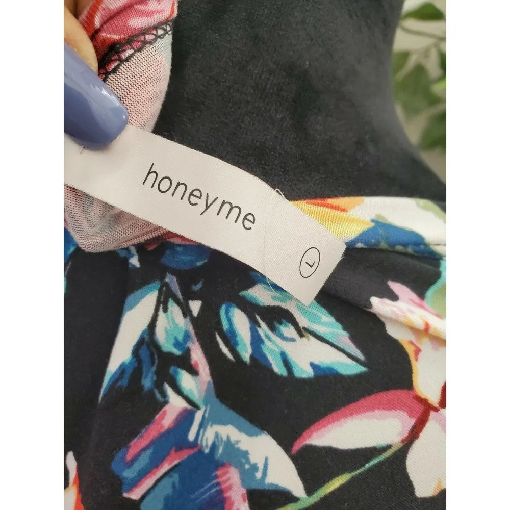 Honey Me Women's Black Floral Polyester Short Sleeve Knee Length Dress Size L - Image 9