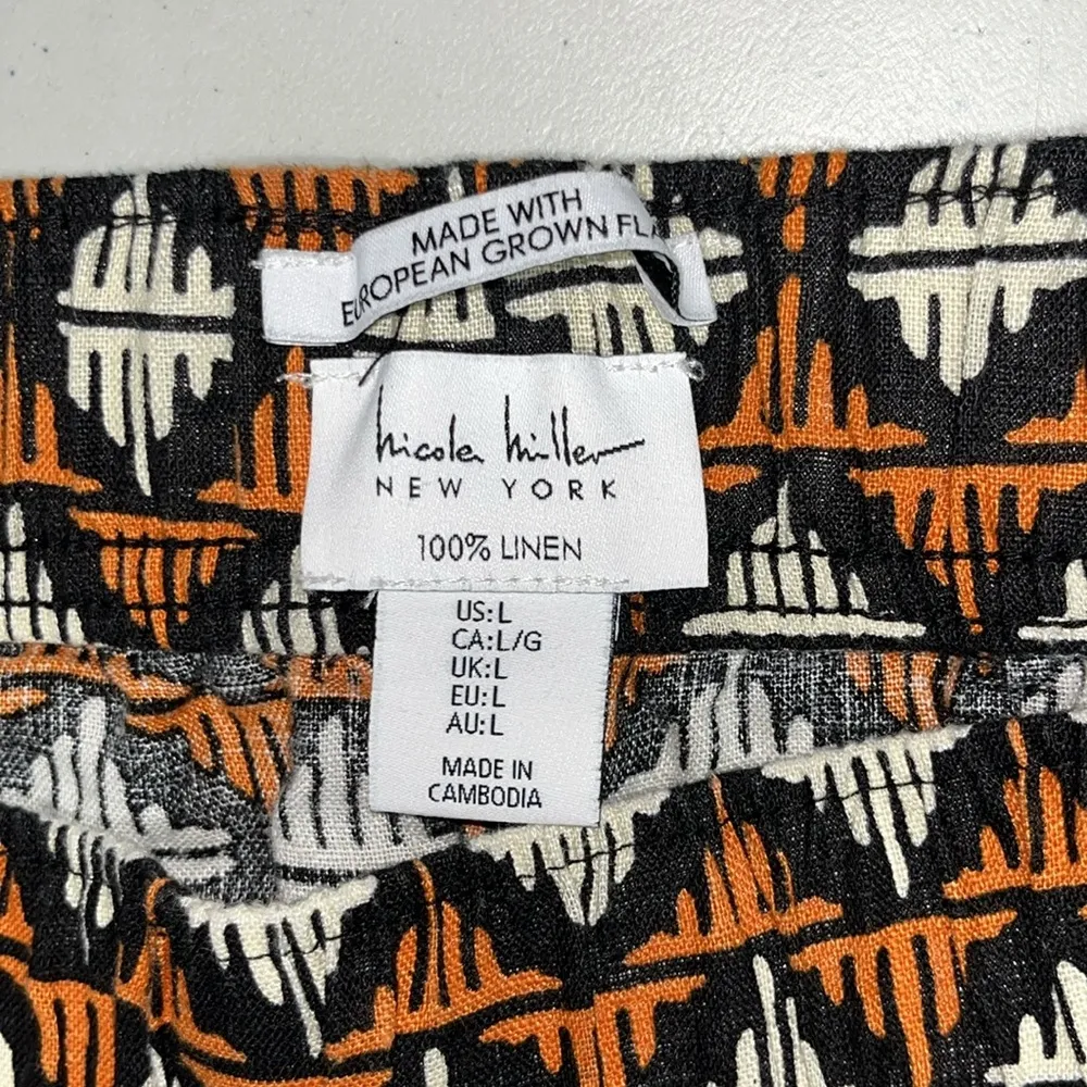 Nicole Miller Sz L Orange & Black Geometric Print European Flax Linen Crop Pants - Image 3