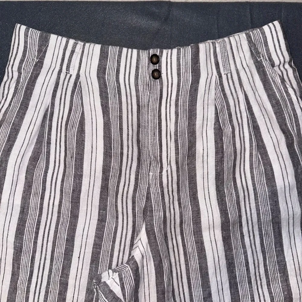 Garnet Hill Womens High Rise Gray White Striped Linen Casual Pants Pockets 14 - Image 4