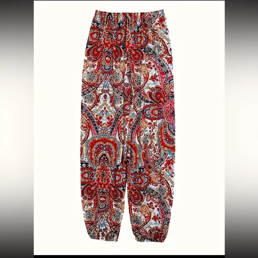 Boho Red Paisley Lightweight Viscose Pants | Size Large - Image 7