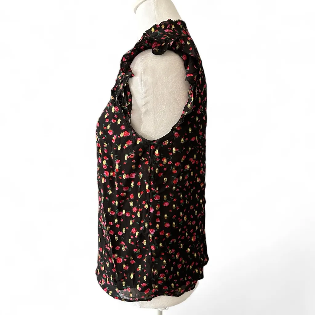 J.Crew Ruffleneck Flutter-Sleeve Top Red Black SZ XS Key Hole Button - Image 5