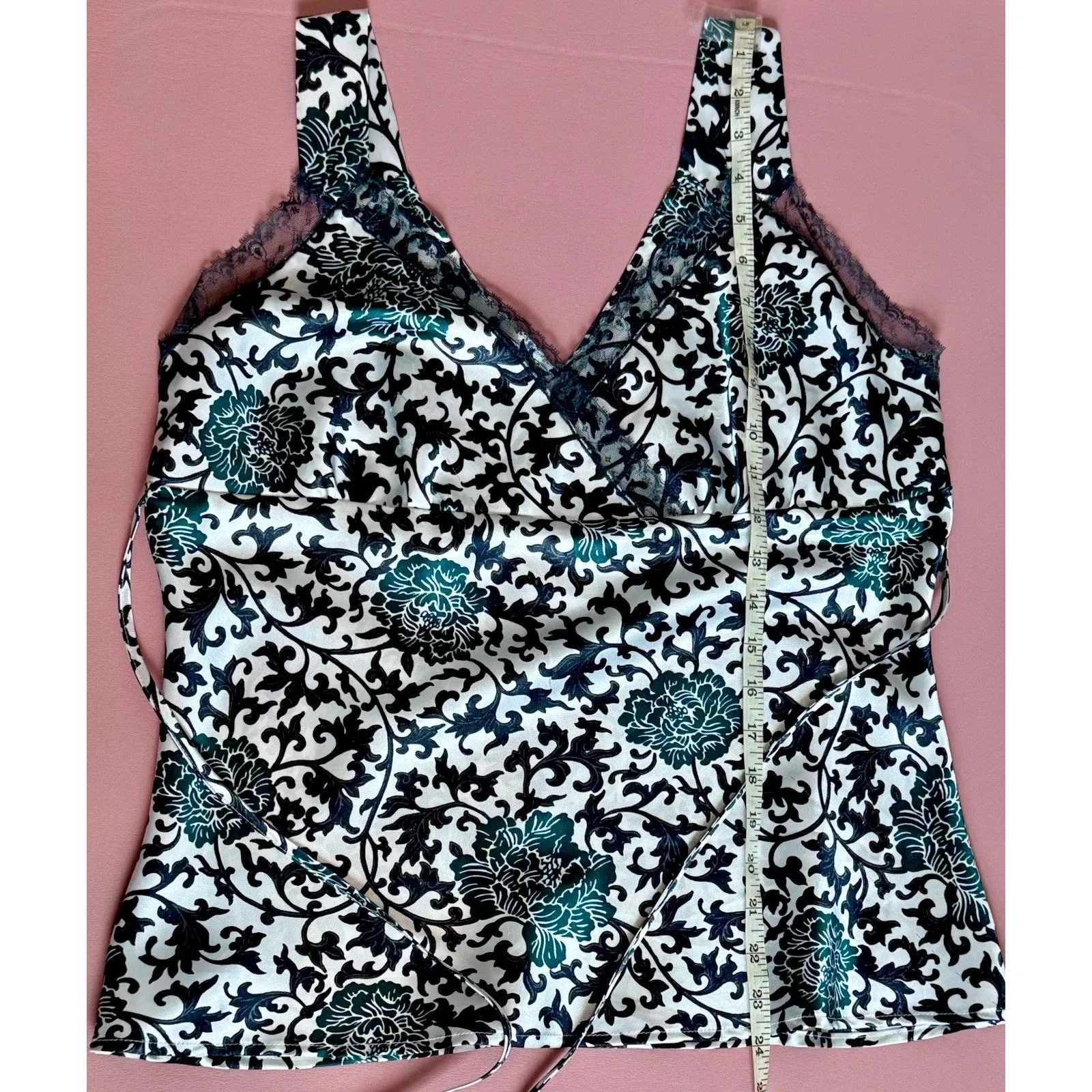 Y2K Apostrophe Satin Top Lace V-neck Lace blouse M  Black/green/ White - Image 3