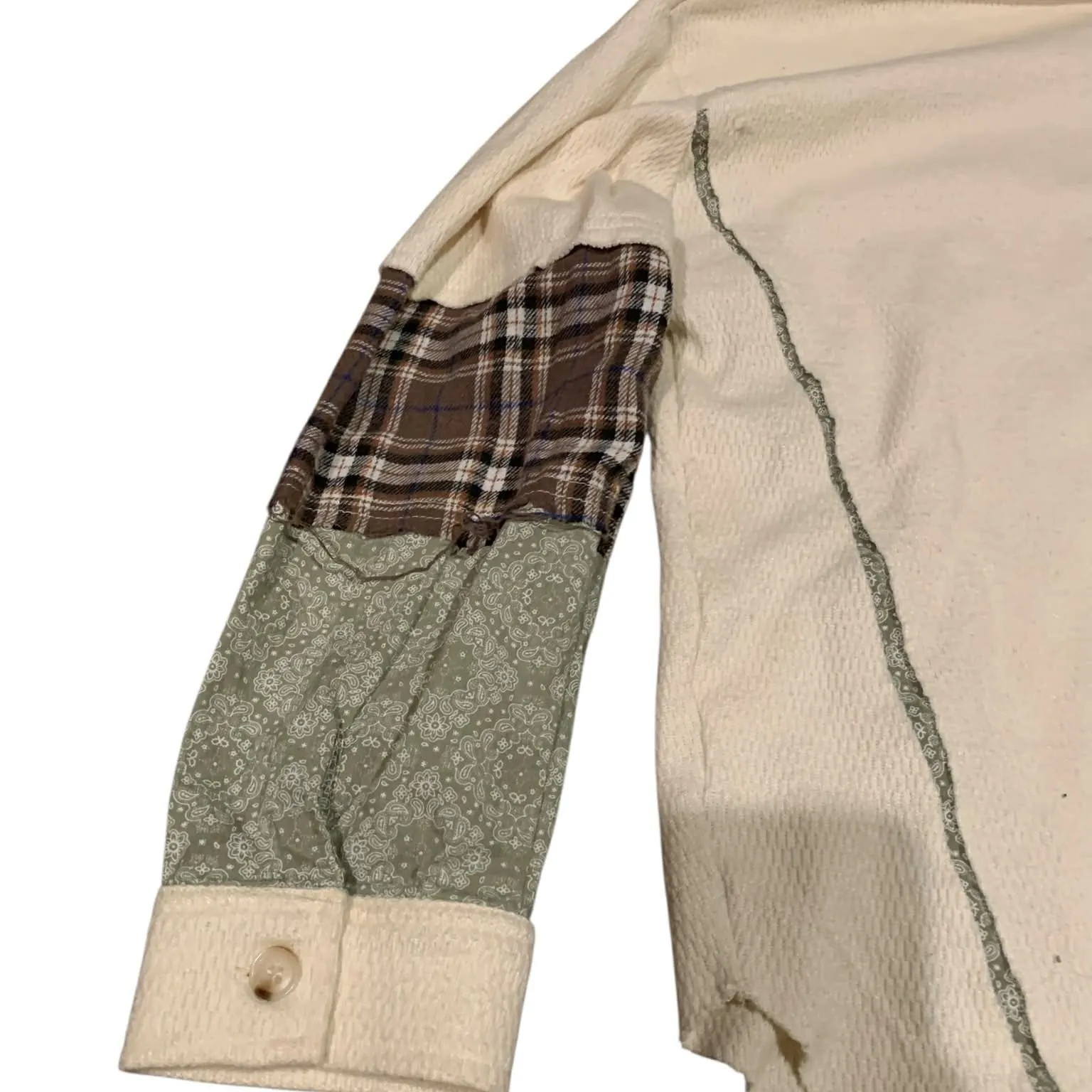 ​Miss Me Mixed Media Shacket Waffle Knit Plaid Paisley Boho Western Large - Image 3