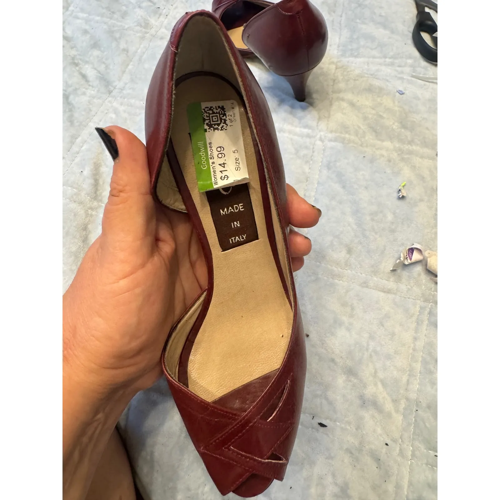 Van Eli Burgundy Leather Heels Open Toe Cut Out Detail Made in Italy Size 5 Red - Image 6