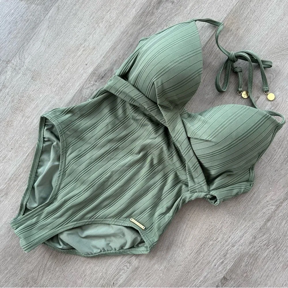 Vince Camuto One Piece Halter Swim Suit Green Women’s 10 Molded Cups - Image 2