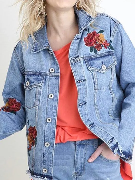 Umgee Jean Jacket Embroidered Flower - Image 2