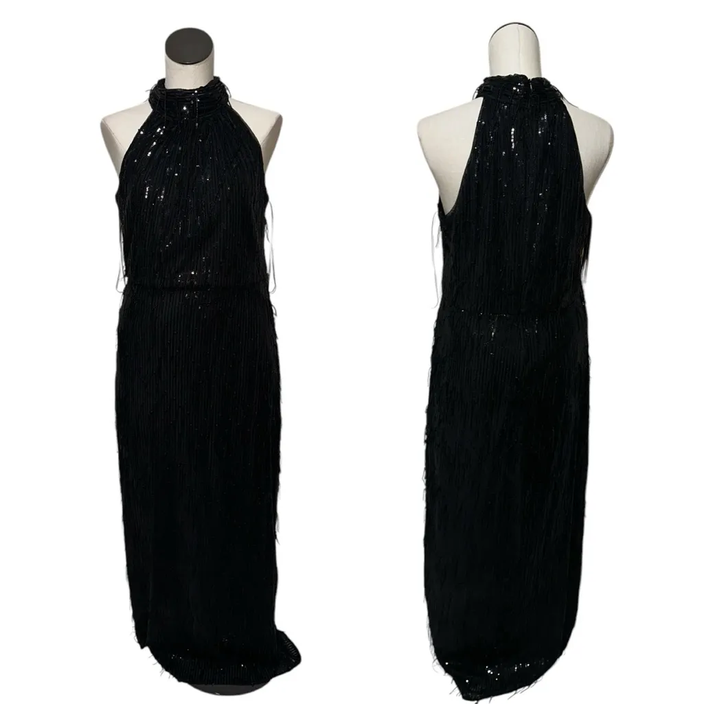 NEW R&M Richards Embroidered Sequin Fringe Column Mock Neck Halter Dress Wedding - Image 6