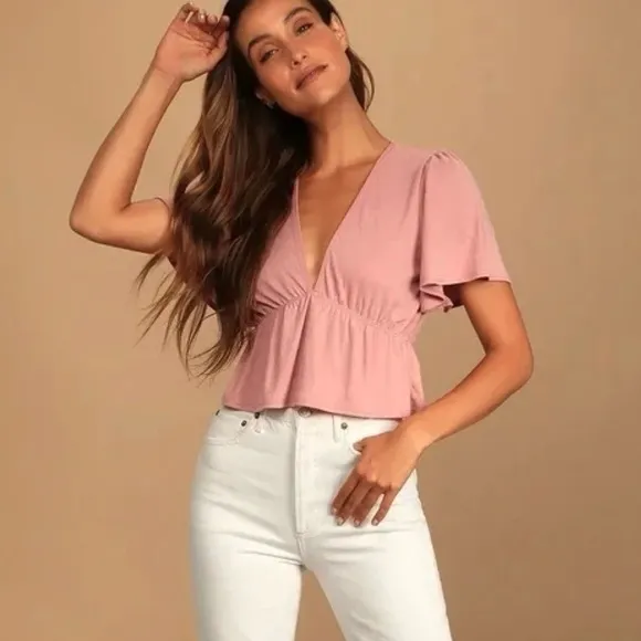 Lulus Top Majorly Cute Flutter Sleeve Crop Dusty Pink S Peplum Empire Waist Chic - Image 2