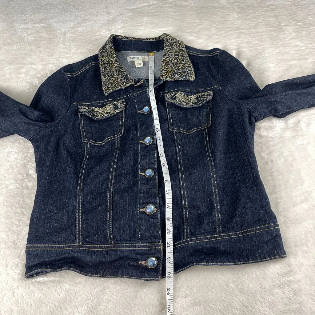 Jeanstar Ramie Blend Embroidered Jean Jacket Womens Sz L Blue Button Up Pockets Size L - Image 7