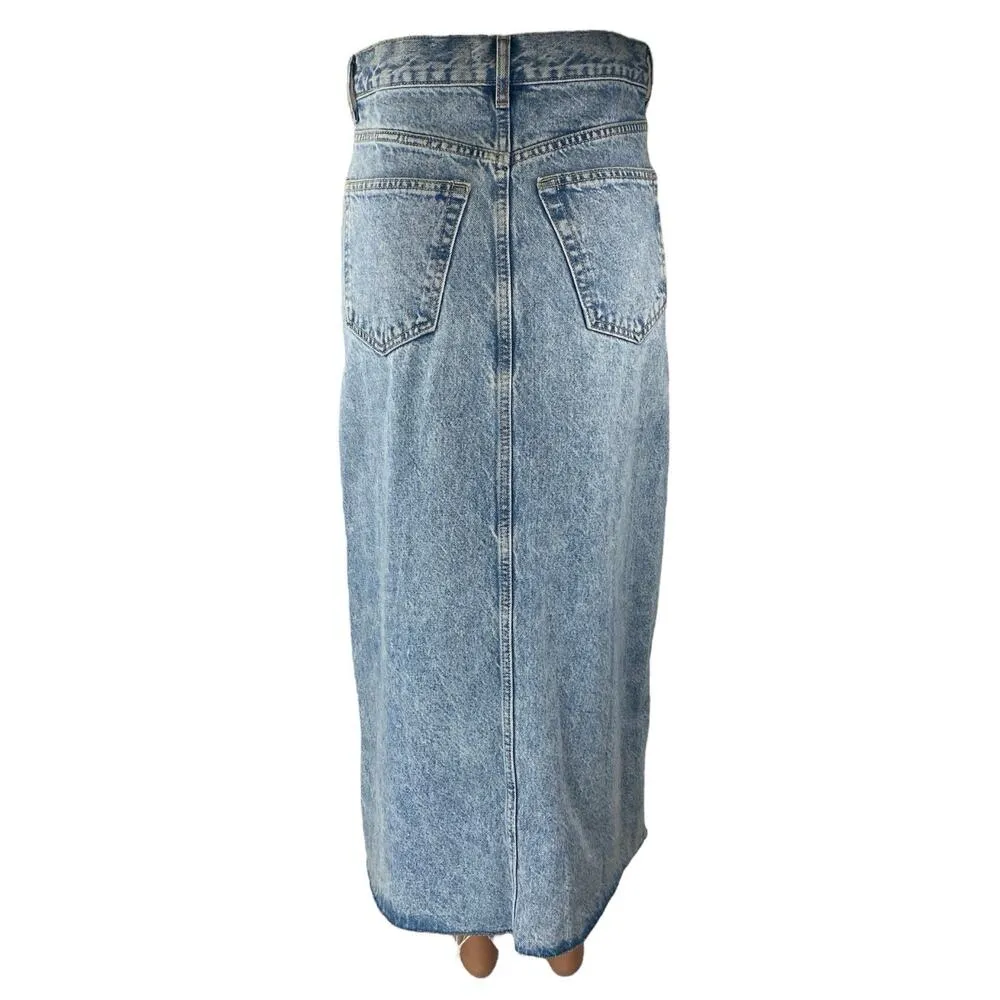 MNG Mango Blue High Waisted Slit Maxi Straight Pencil Denim Jeans Skirt Size XS - Image 3