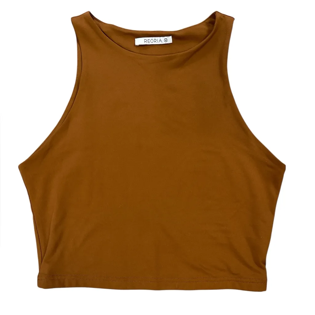 Reoria Sleeveless Halter Neck Crop Tank Brown Size M - Image 3