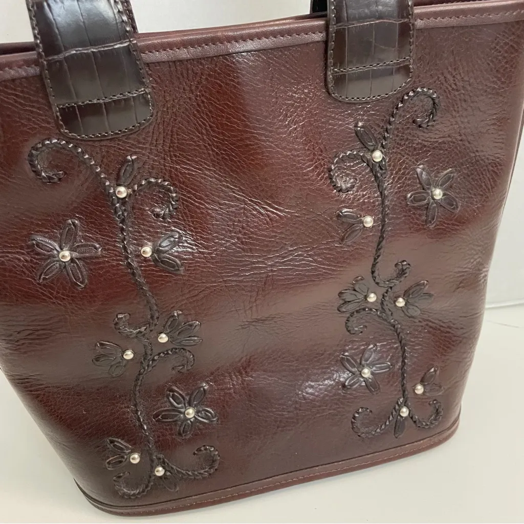 Vintage Brighton Purse Bucket Bag Leather Embroidered Flower Beaded Brown Silver - Image 2
