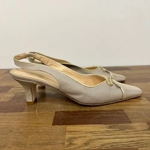 Amalfi Vintage Kitten Heel Mules 9B Leather Beige Bow Sling Back Square Toe Y2k Size 9 - Image 6