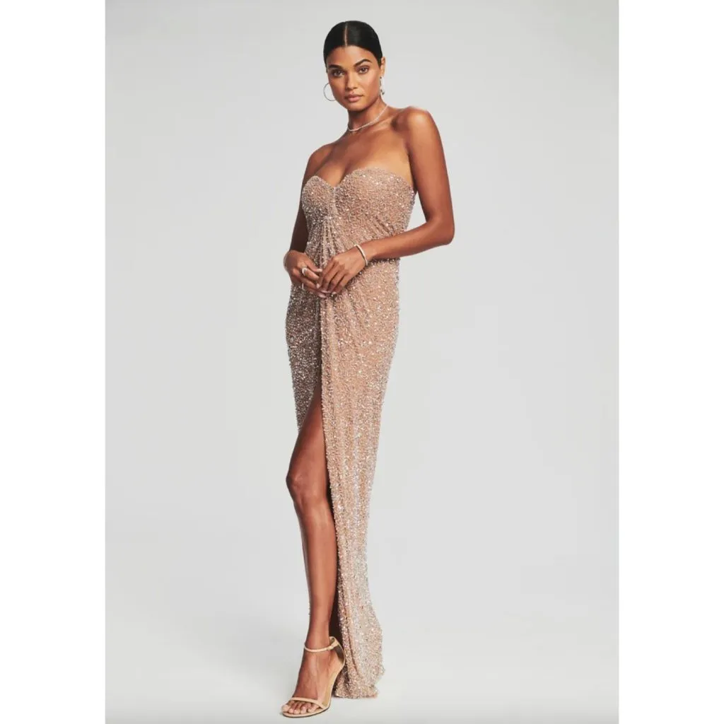 retrofete Evie Strapless Bustier Sequin Dress Silver & Nude Womens Large Tan - Image 2