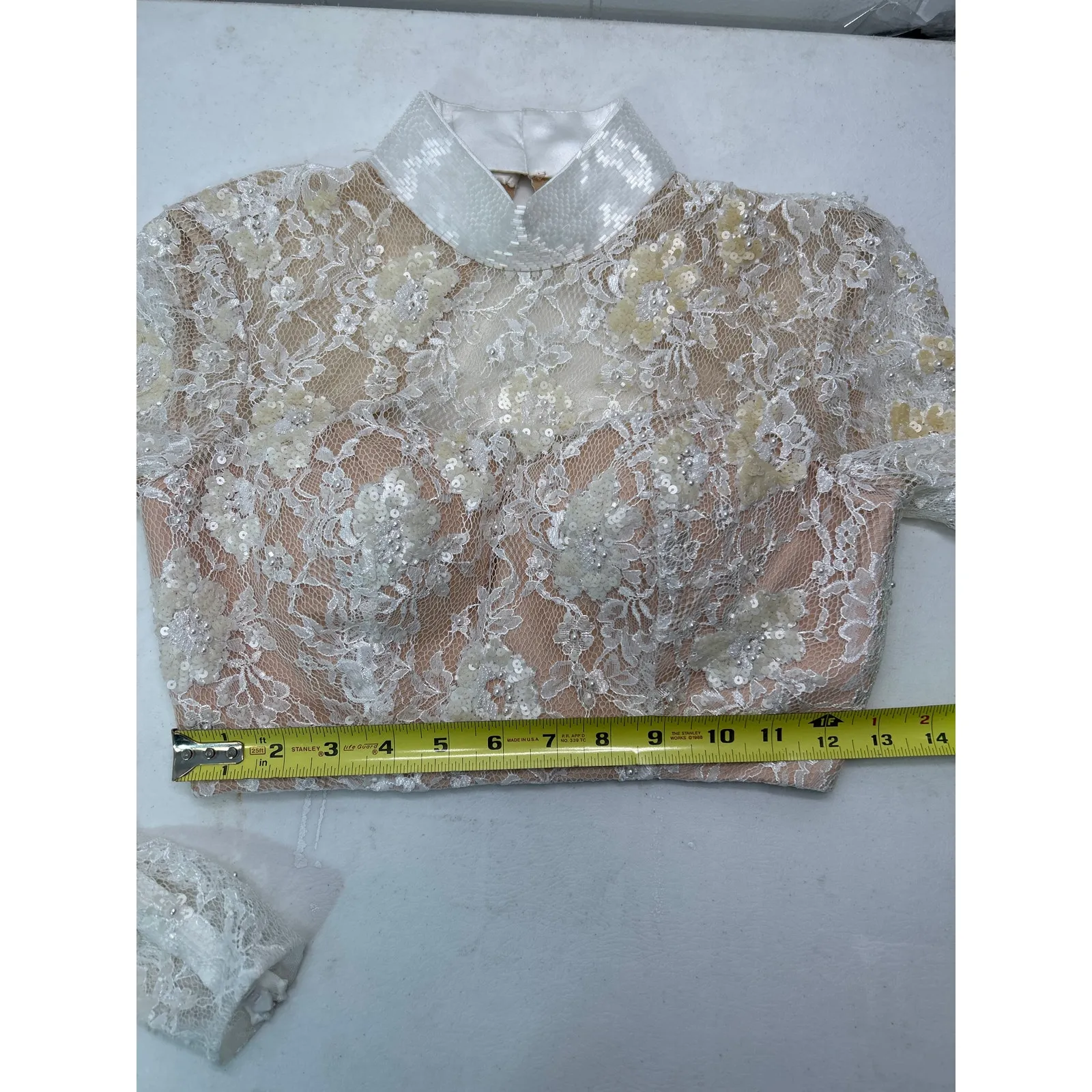 Sherri Hill Ivory Lace Top with sequins high neck long sleeve #50821. Size 00 - Image 6