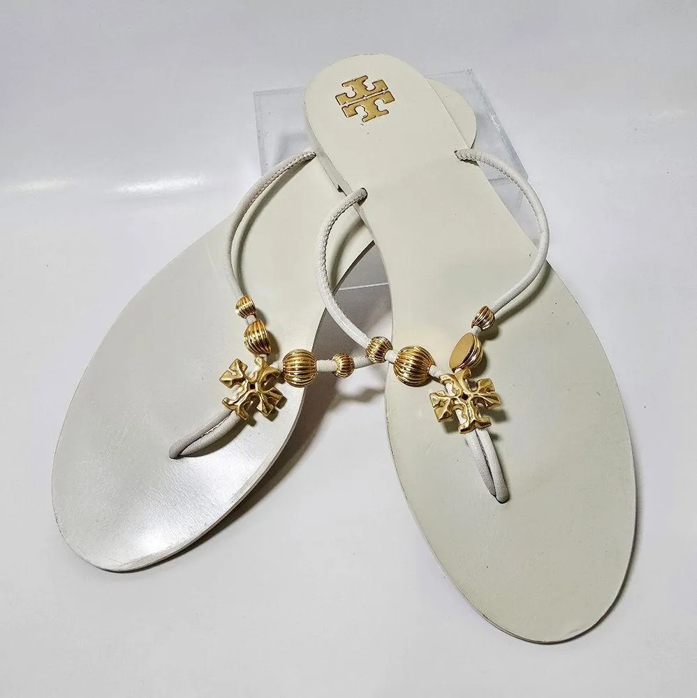 Tory Burch Capri  Beaded Leather  Tong Sandal/ Ivory/Gold Size 9 - Image 9