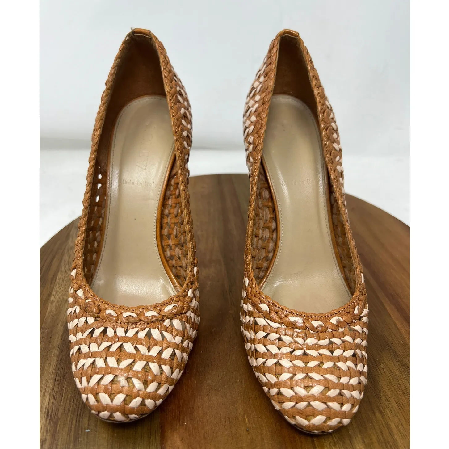 J. Crew Pumps Mona Dreamweaver Brown White Woven Leather Stiletto Heel Size‎ 8 - Image 2