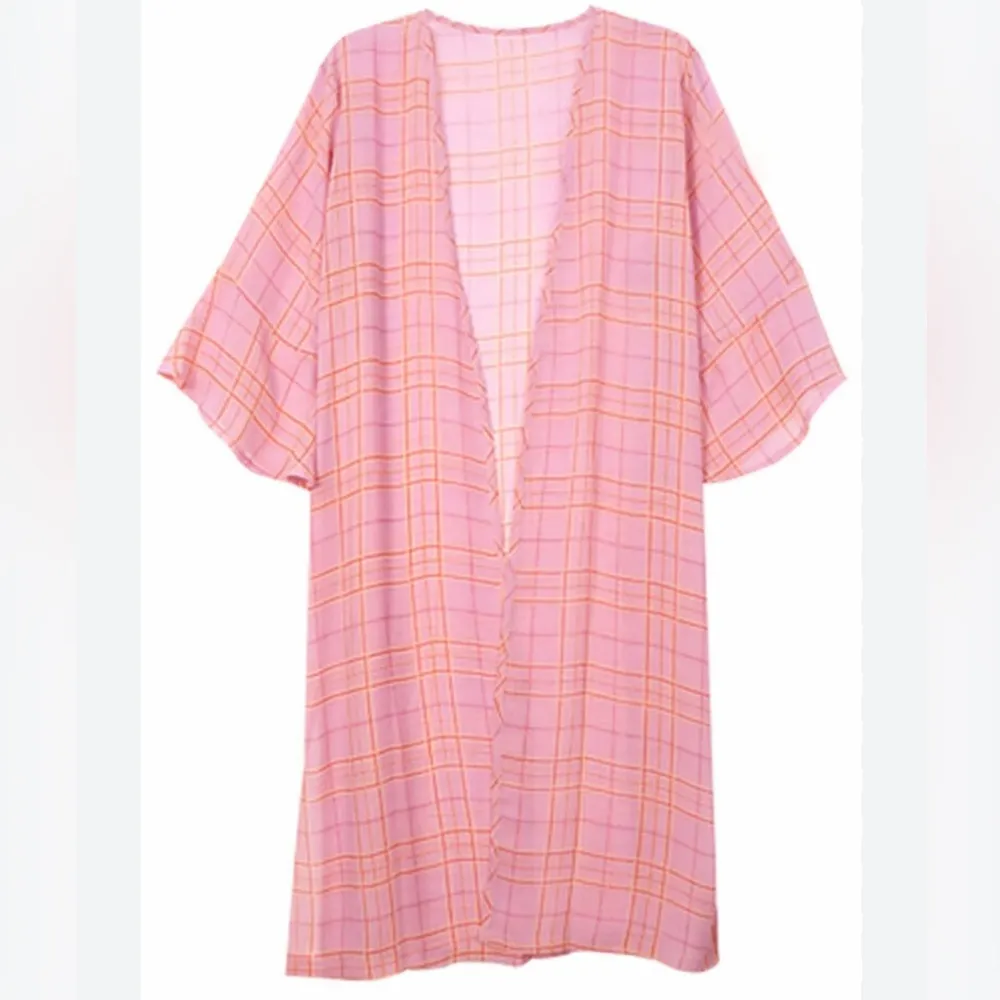 Do Everything In Love Women's Pink Plaid Flared Sleeve Kimono Cardigan - Image 3