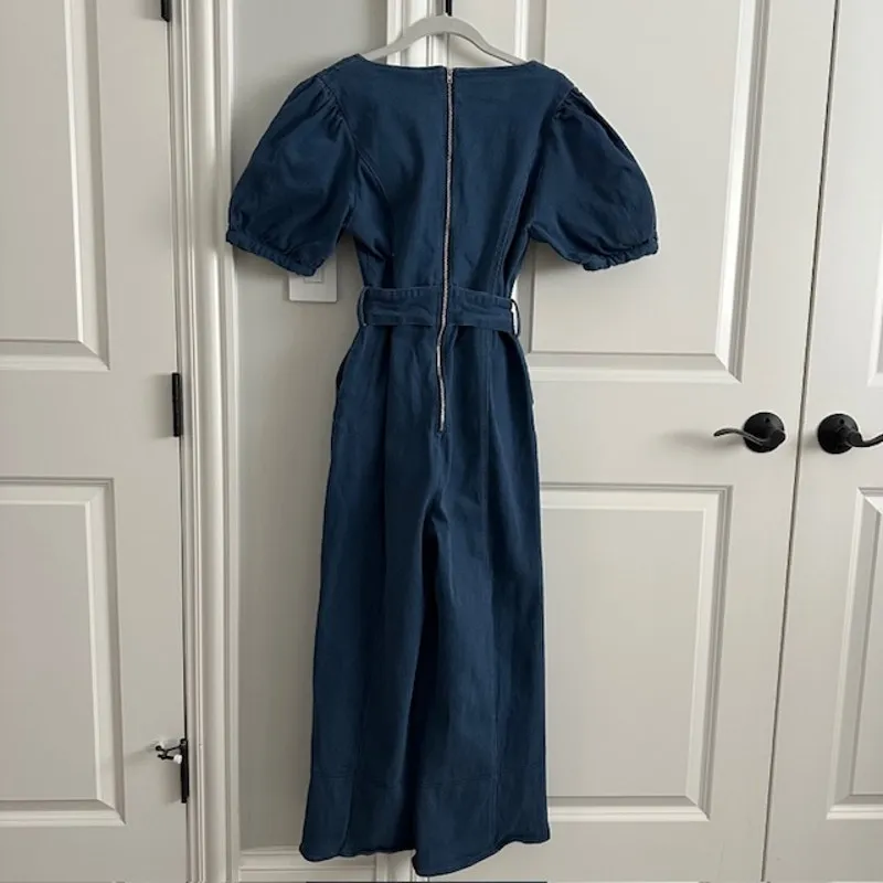 En Saison Puff Sleeve Belted Denim Wide Leg Jumpsuit Medium Blue - Image 9