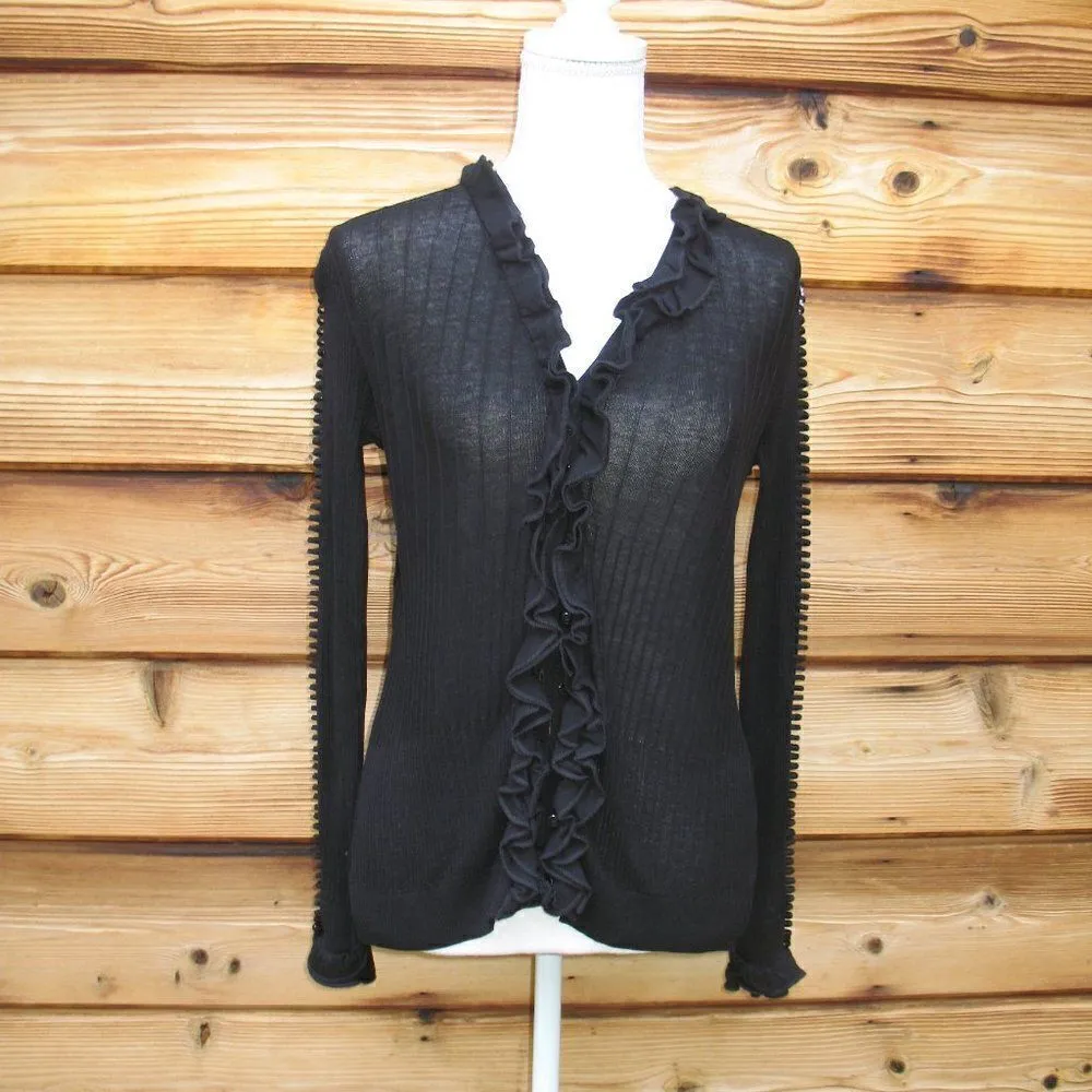Anne Fontaine Ruffle Cardigan Knit Top Sweater Black Size 10 - Image 2