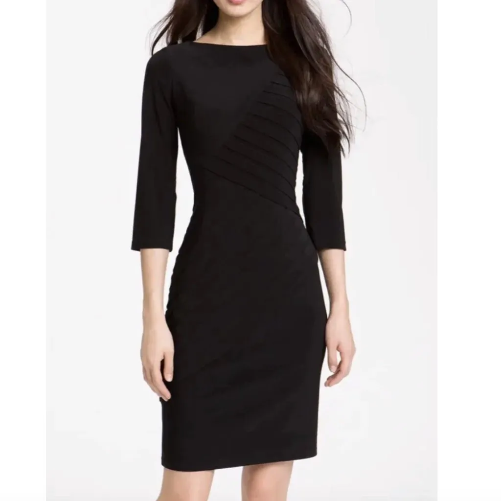 ADRIANNA PAPELL Black Shutter Pleat Pleated 3/4 Sleeve Jersey Knit Sheath Dress - Image 4