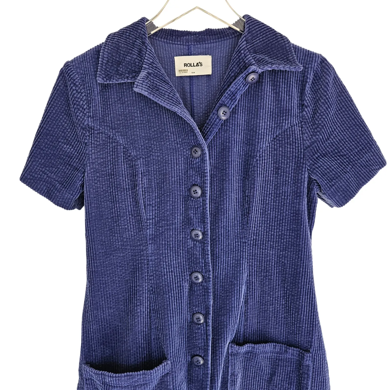 ROLLAS Corduroy Button Front Short Sleeve Mini Dress Royal Blue Size M - Image 5