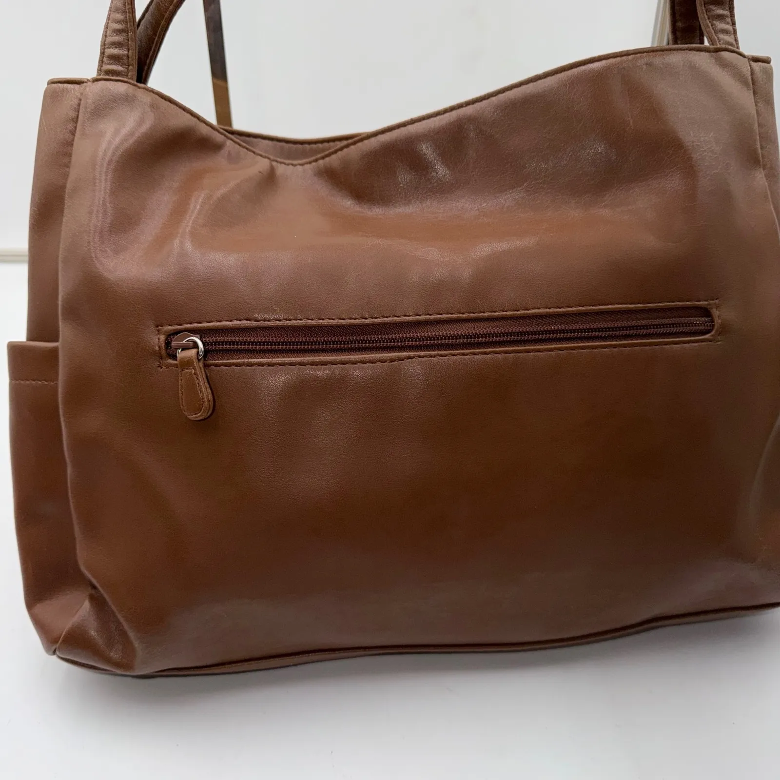 Sag Harbor Patchwork Shoulder Bag Brown Cream Faux Leather Tote Purse - Image 9