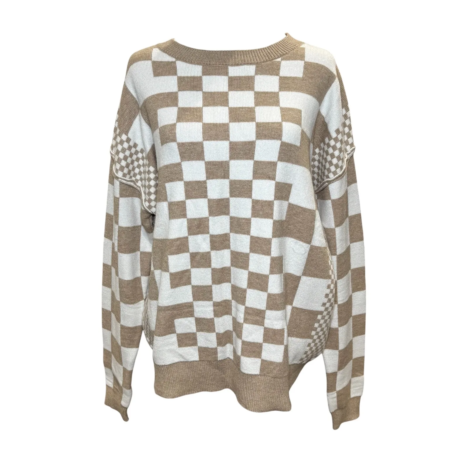 Checkerboard Beige White Print Drop Shoulder Round Neck Sweater Medium‎ Heavy - Image 3
