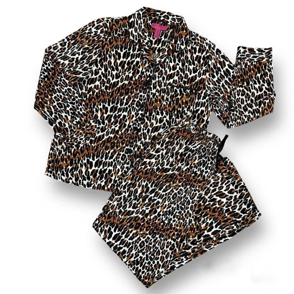 Betsy Johnson Leopard Print Sateen Flannel Pajama Set Brown Black Large - Image 11