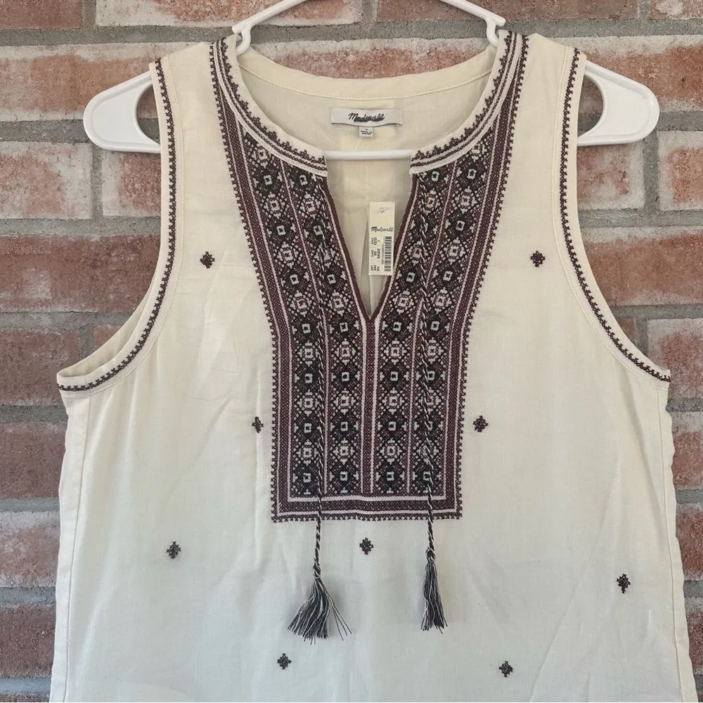 NWT Madewell Embroidered Suncoast Shift Dress Cream Size 2 Aztec Cotton Tassels - Image 3
